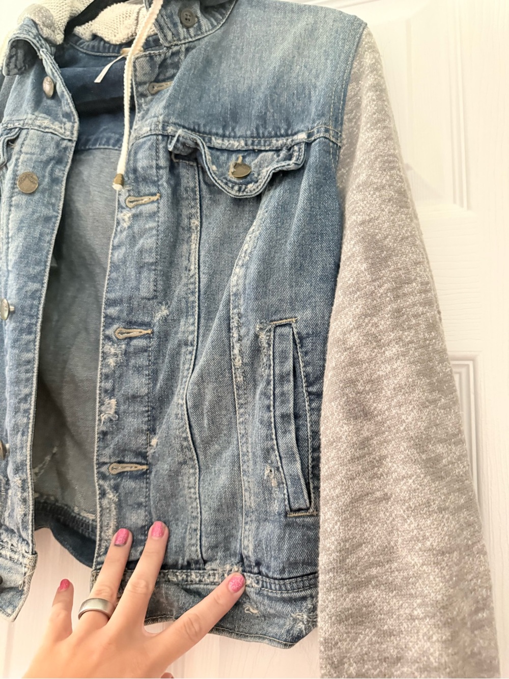 Free People Knit Hooded Denim Jacket with Blue Grey Sleeves - Small - Picture 6 of 11